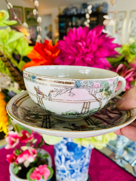 Rose Medallion Teacup and Saucer Hand Painted Stamped Japan on Bottom