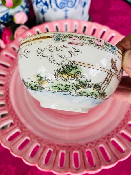 Rose Medallion Teacup and Saucer Hand Painted Stamped Japan on Bottom