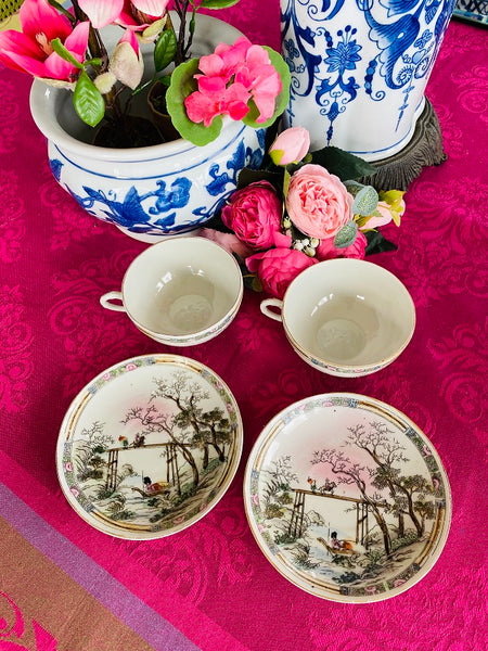 Rose Medallion Teacup and Saucer Hand Painted Stamped Japan on Bottom