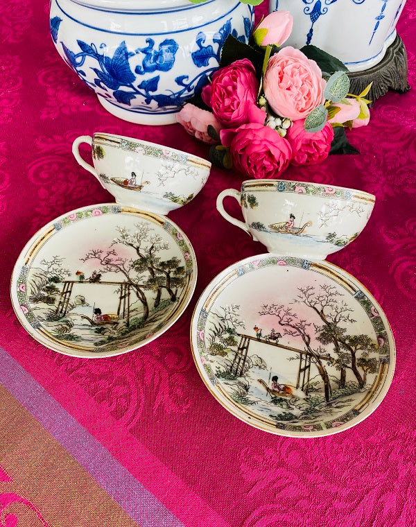 Rose Medallion Teacup and Saucer Hand Painted Stamped Japan on Bottom