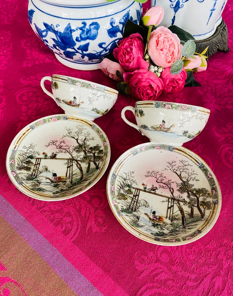 Rose Medallion Teacup and Saucer Hand Painted Stamped Japan on Bottom