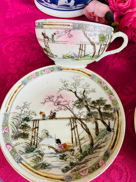Rose Medallion Teacup and Saucer Hand Painted Stamped Japan on Bottom