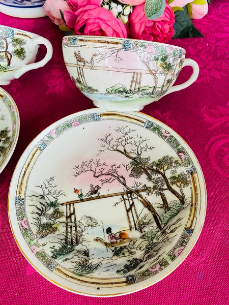 Rose Medallion Teacup and Saucer Hand Painted Stamped Japan on Bottom