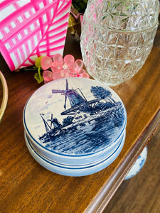 Vintage Trinket Box, Delft, Round, Lidded, Blue and White