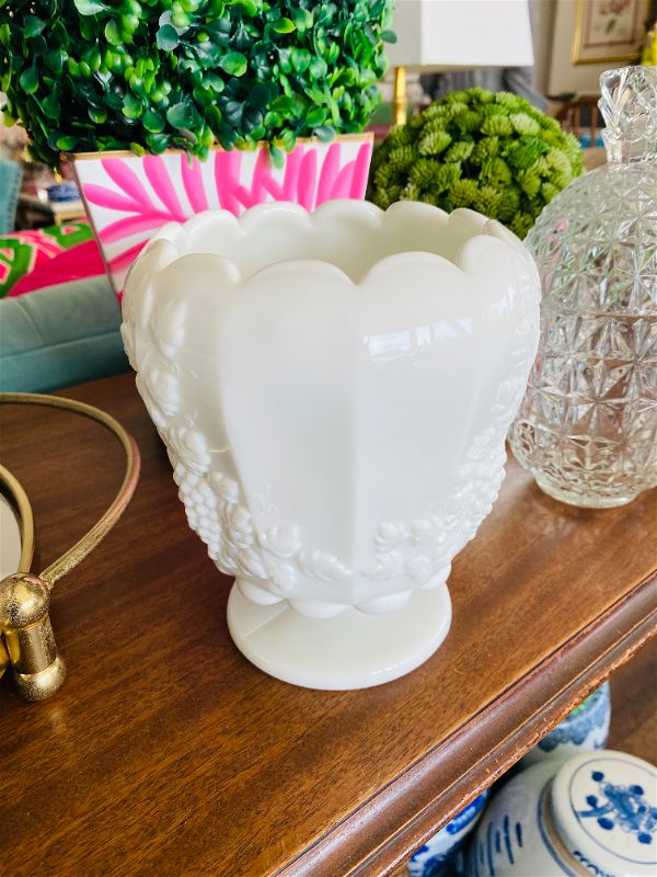 Vintage Milk glass scalloped edge pedestal grapevine vase