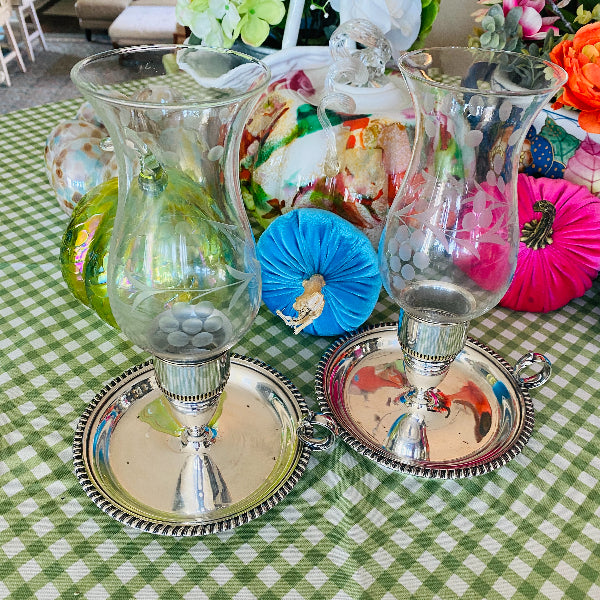 Vintage Silverplate Candle Holders with Hurricane Glass, 2 Available
