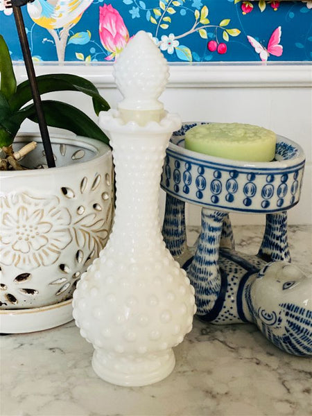 Milk glass hobnail floral perfume bottle/ decanter