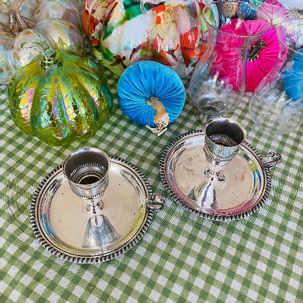 Vintage Silverplate Candle Holders with Hurricane Glass, 2 Available