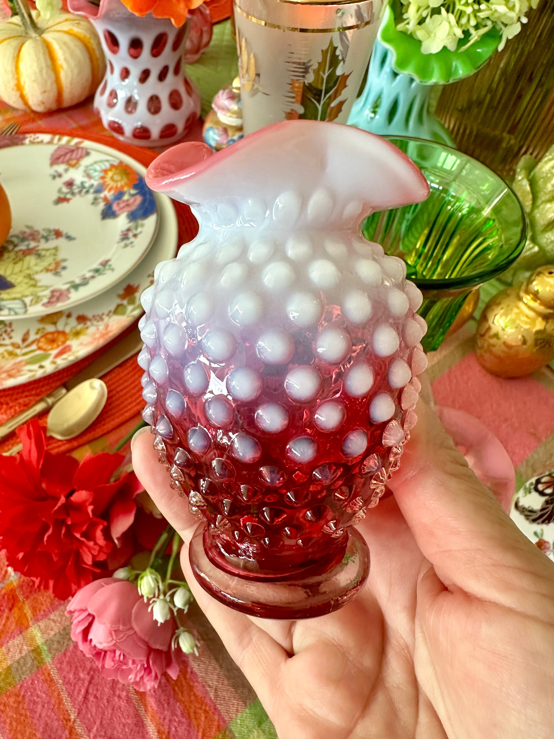 Fenton Cranberry Glass Hobnail vase, 1940s -50s, Triangle Crimp, 2 