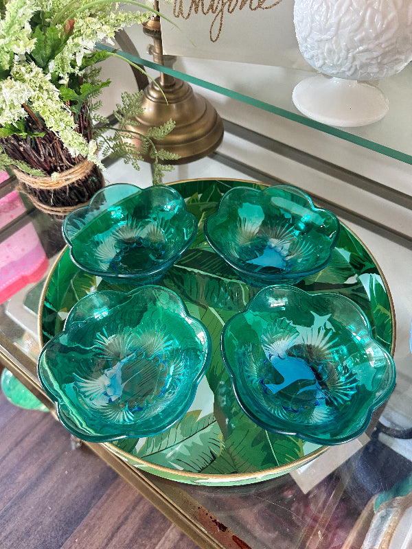 Teal Green Plant Glass Plate, Round Bowl With Leaf Vein Detailed Texture,  Vintage Pressed Glass Dish Spring Kitchen Decor 