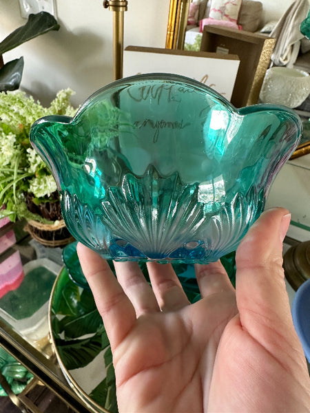 Vintage Blue/Green Glass Bowls, Shell Design, Scalloped Edge