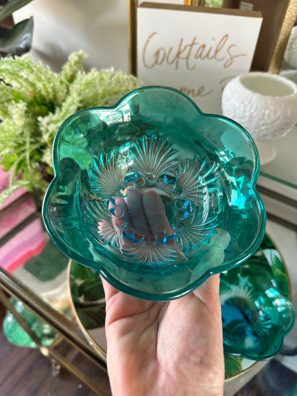 Glass Swirl Footed Bowl With Silver Overlay Scalloped Edges With