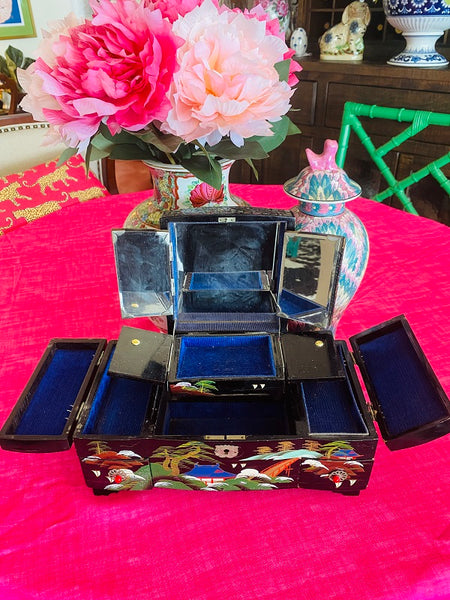 Vintage Japanese Inlaid Jewelry Box, Hand Painted Black Lacquer with Oriental Theme, Musical with Mirrors and Drawers