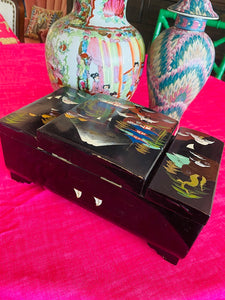 Vintage Japanese Inlaid Jewelry Box, Hand Painted Black Lacquer with Oriental Theme, Musical with Mirrors and Drawers