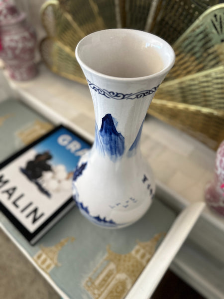 Vintage Vase, Chinoiserie, Blue and White, Pastoral Asian Scene
