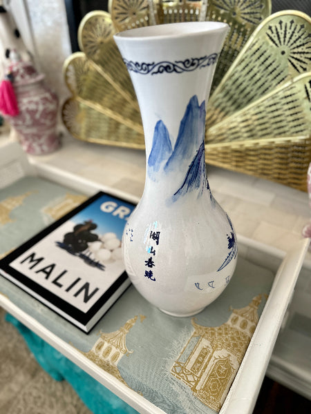 Vintage Vase, Chinoiserie, Blue and White, Pastoral Asian Scene