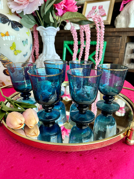 Vintage Glasses Blue glass, etched flower pattern, Gold rim, pedestal base set of 6