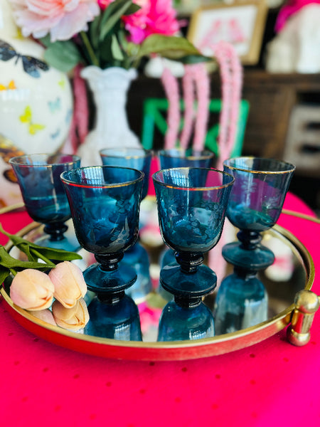 Vintage Glasses Blue glass, etched flower pattern, Gold rim, pedestal base set of 6