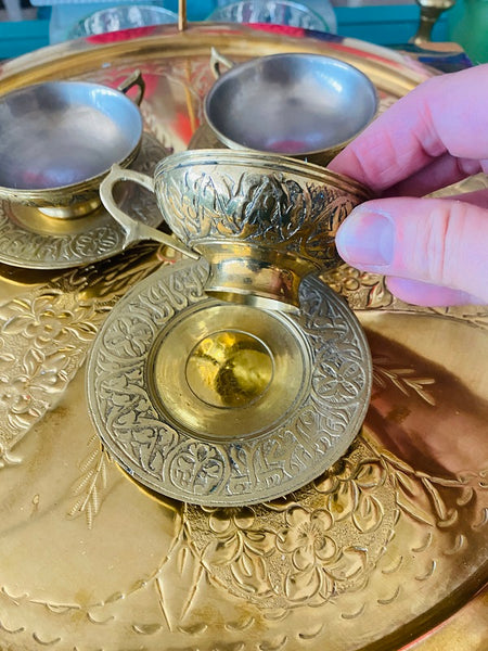 Vintage Rare Moroccan Brass Tea Tray with Handle
