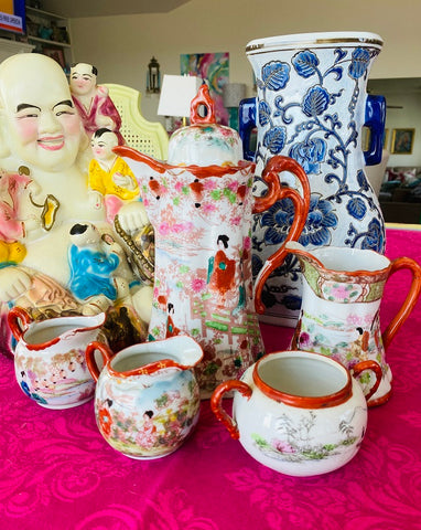 Antique Chocolate Pot Set - 1930's Dutani Geisha Girl Pattern Chocolate Pot, 2 Creamers, Sugar Bowl, Pitcher
