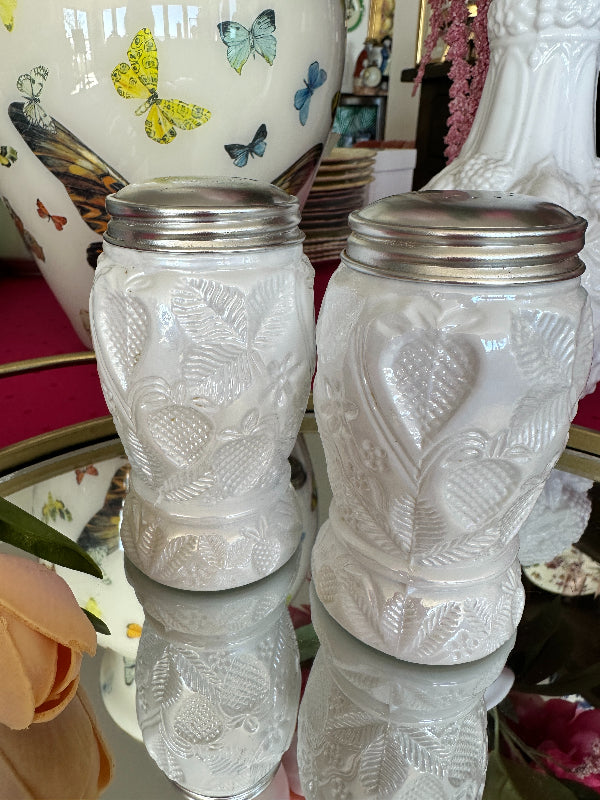 Strawberry Salt & Pepper Shakers, Vintage 3 Piece Metal and Glass Shakers 