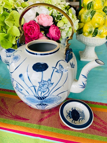 Vintage Chinoiserie Blue and White Teapot with brass handle