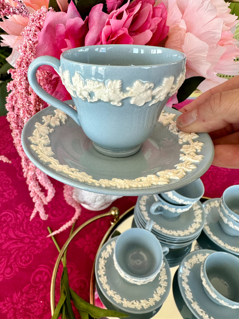 Wedgwood Demitasse Cup & Saucer Set of Five Hand Painted Enamel Flower  Trellis Birds 1870-1900