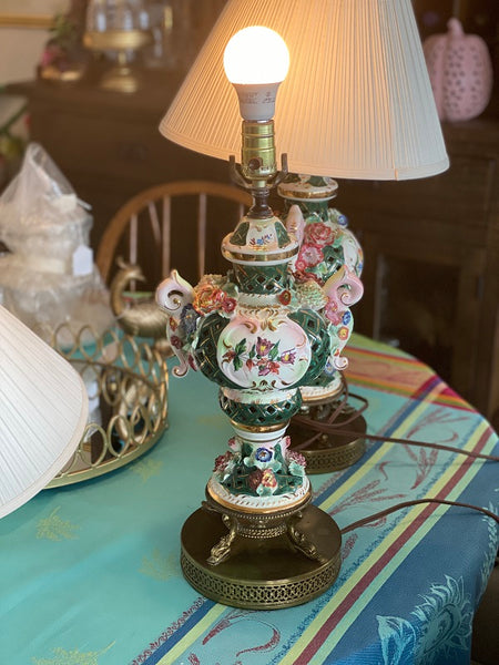 Vintage Pair of Lamps Victorian Italian Compadimonte Porcelain Floral Design