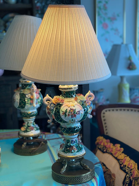 Vintage Pair of Lamps Victorian Italian Compadimonte Porcelain Floral Design