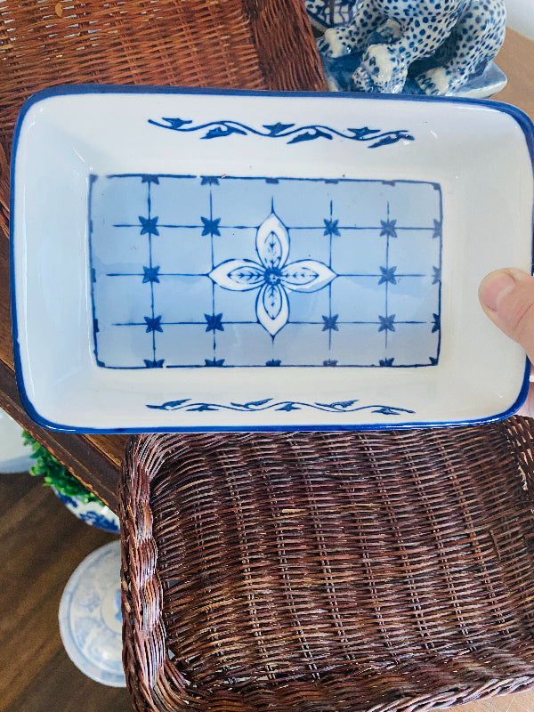 Rectangle and Square Ceramic Blue and White Serving Dish With Wicker Basket