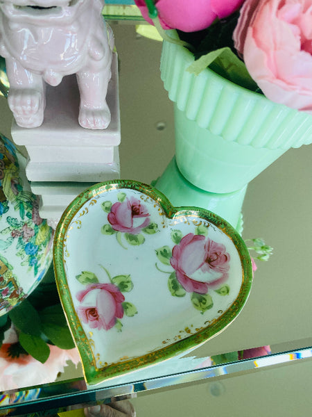 Vintage/Antique Hand Painted Pink and Green Floral Heart Shaped Dish