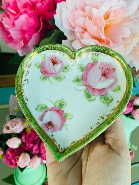 Vintage/Antique Hand Painted Pink and Green Floral Heart Shaped Dish