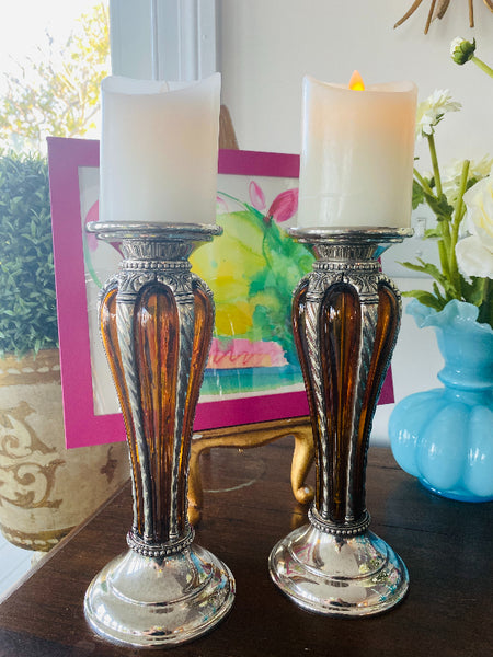 Vintage Silverplate  Pillar Candle Holders Orange Glass with Scrollwork Detail