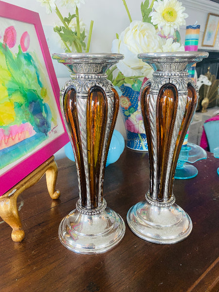 Vintage Silverplate  Pillar Candle Holders Orange Glass with Scrollwork Detail