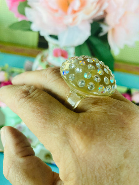 Vintage MCM Lucite Dome Ring with Faux Diamond Stones - size 8