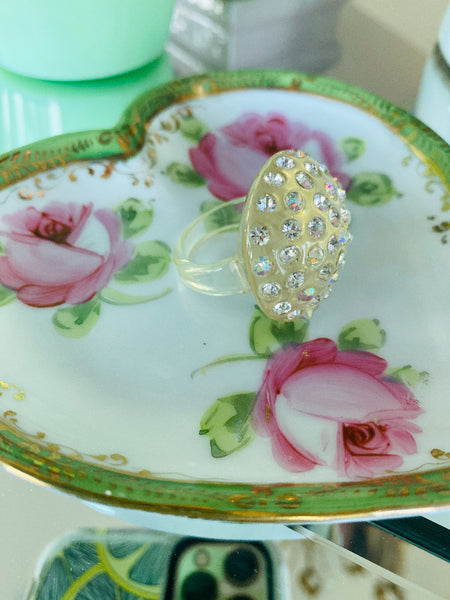 Vintage MCM Lucite Dome Ring with Faux Diamond Stones - size 8