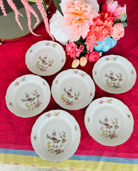 Vintage Dessert Plates, Kahla German Democratic Republic, Flower and Bird, Set of 6