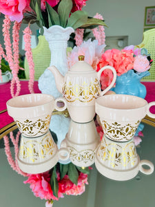Vintage Tea Set "Pinky Up" Pink and Gold (2 cups and tea pot)