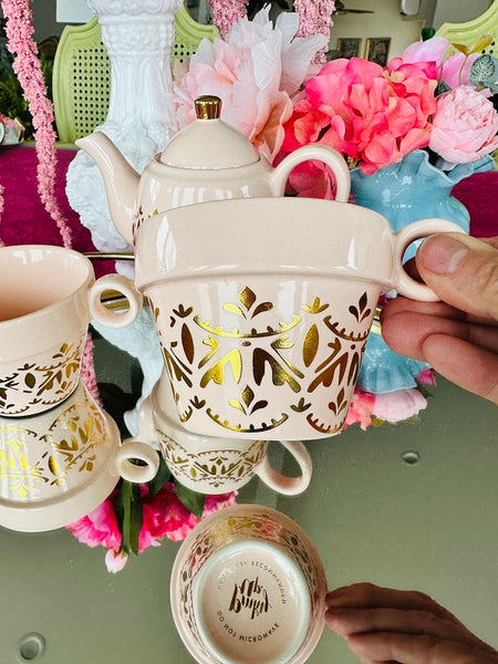 Vintage Tea Set "Pinky Up" Pink and Gold (2 cups and tea pot)