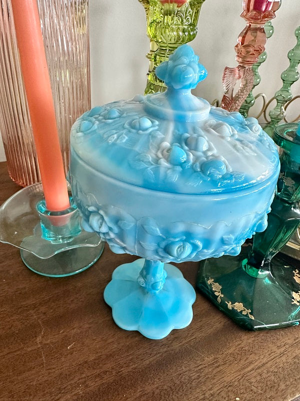 Vintage Fenton Candy Dish, Lidded, Blue and White Slag Glass, Cabbage – The  House of Hanbury