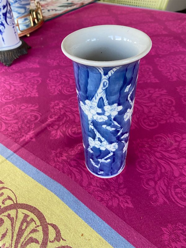 Cherry Blossom Vase, Blue and White Chinoiserie, Cylinder Shape, Ceramic