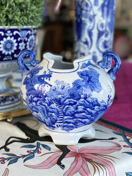 Blue and White squatty handled vase