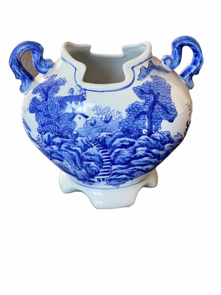 Blue and White squatty handled vase