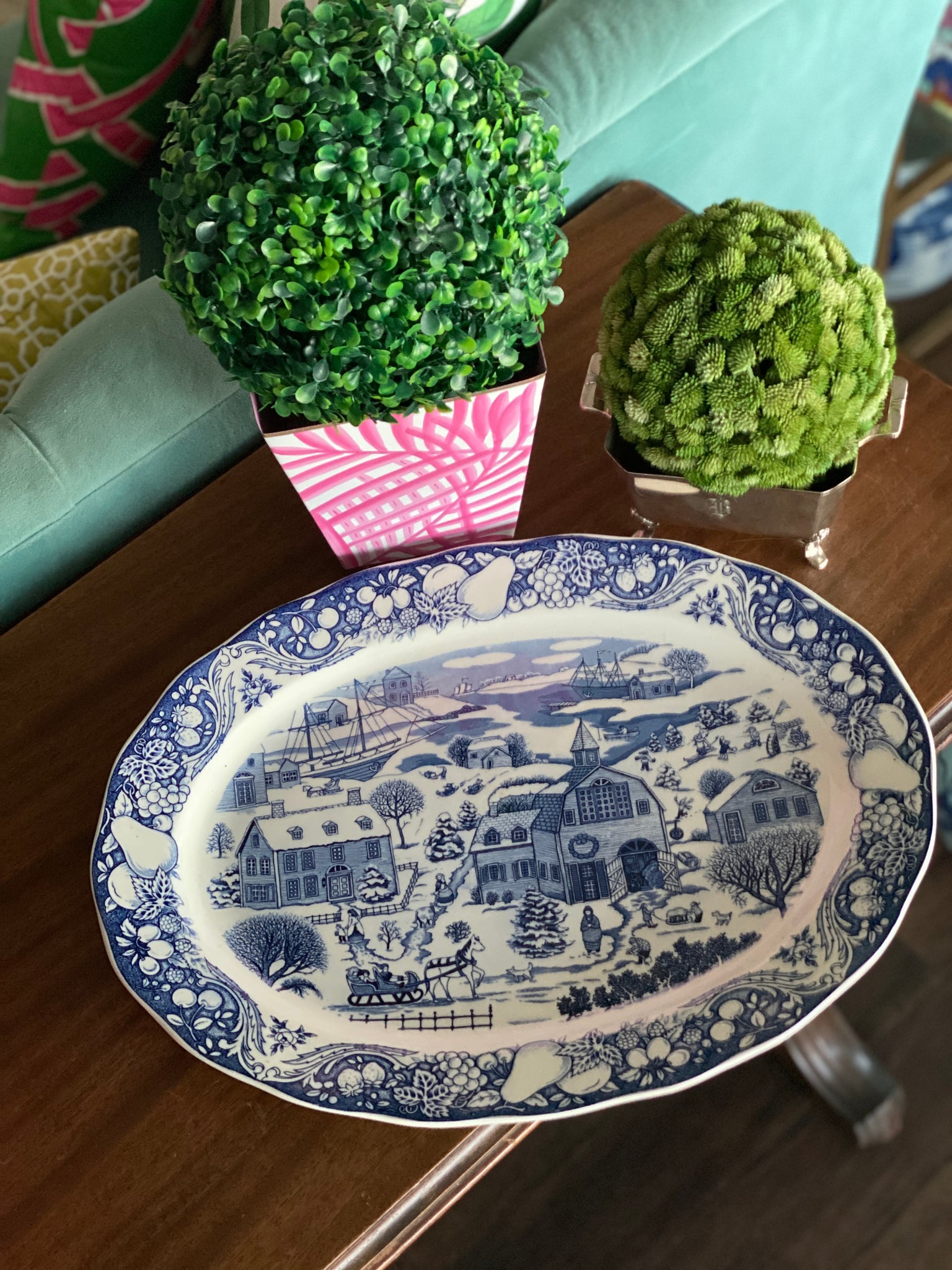 Vintage blue and white Winter scene large platter  - Japan