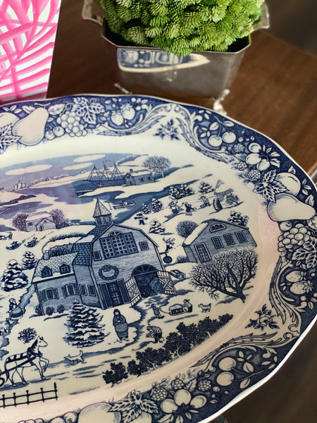 Vintage blue and white Winter scene large platter  - Japan