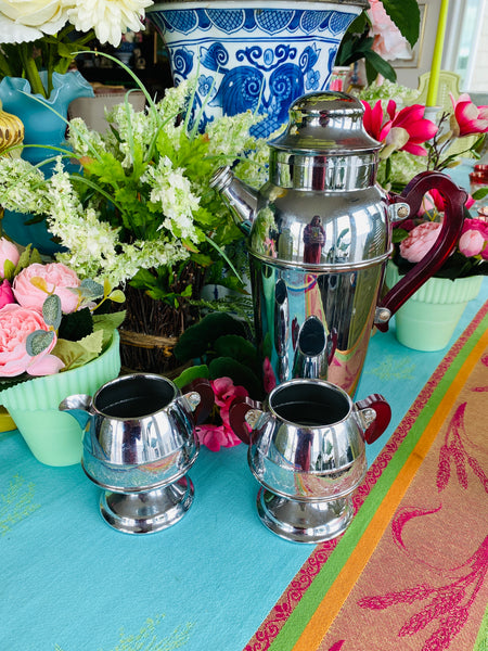 Vintage Tea Set Mid Century Modern Aluminum and Bakelite handle