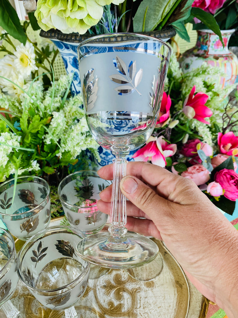 Mid Century Modern Wine Glasses Frosted with Silver Leaf Pattern