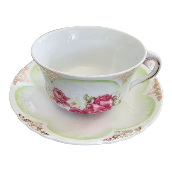 Rare bone china Pink Rose and Green tea cup and saucer