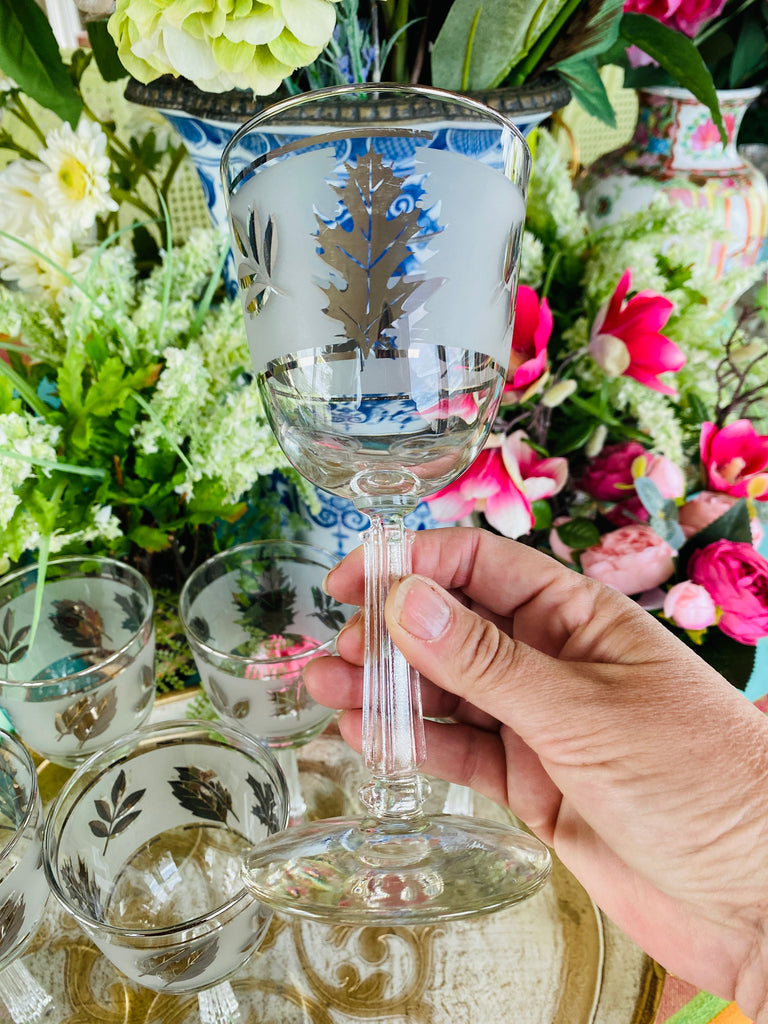 Mid Century Modern Wine Glasses Frosted with Silver Leaf Pattern