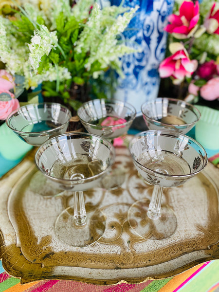 Mid Century Modern Glasses Sorbet Dishes Frosted Glass with Silver Leaf Pattern set of 5